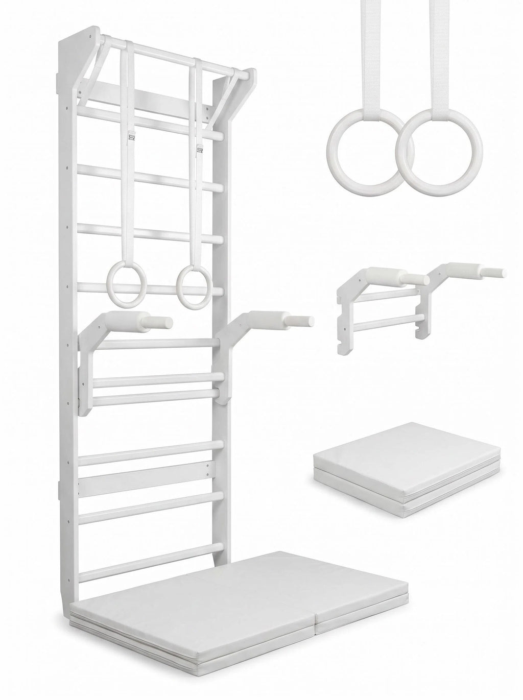 Wall-Mounted Swedish Stall Bar Home Gym with Dip Attachments & Padded Safety Floor Mats