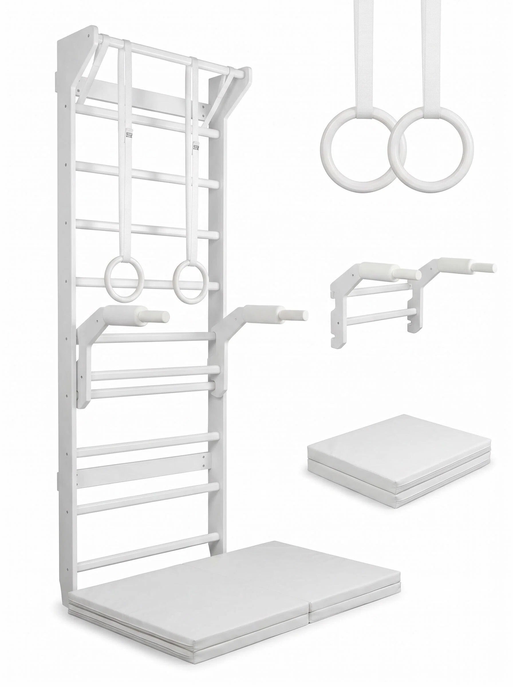 Wall-Mounted Swedish Stall Bar Home Gym with Dip Attachments & Padded Safety Floor Mats