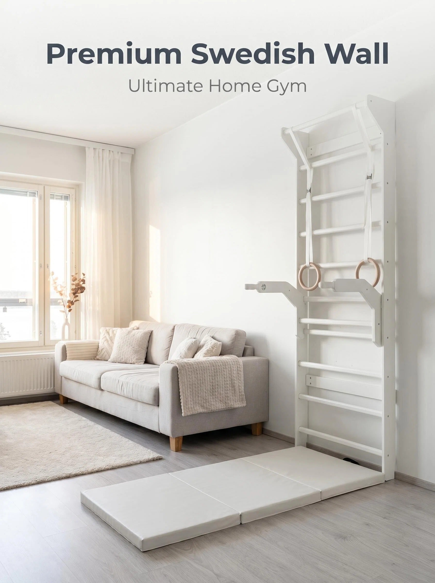 Wall-Mounted Swedish Stall Bar Home Gym with Dip Attachments & Padded Safety Floor Mats