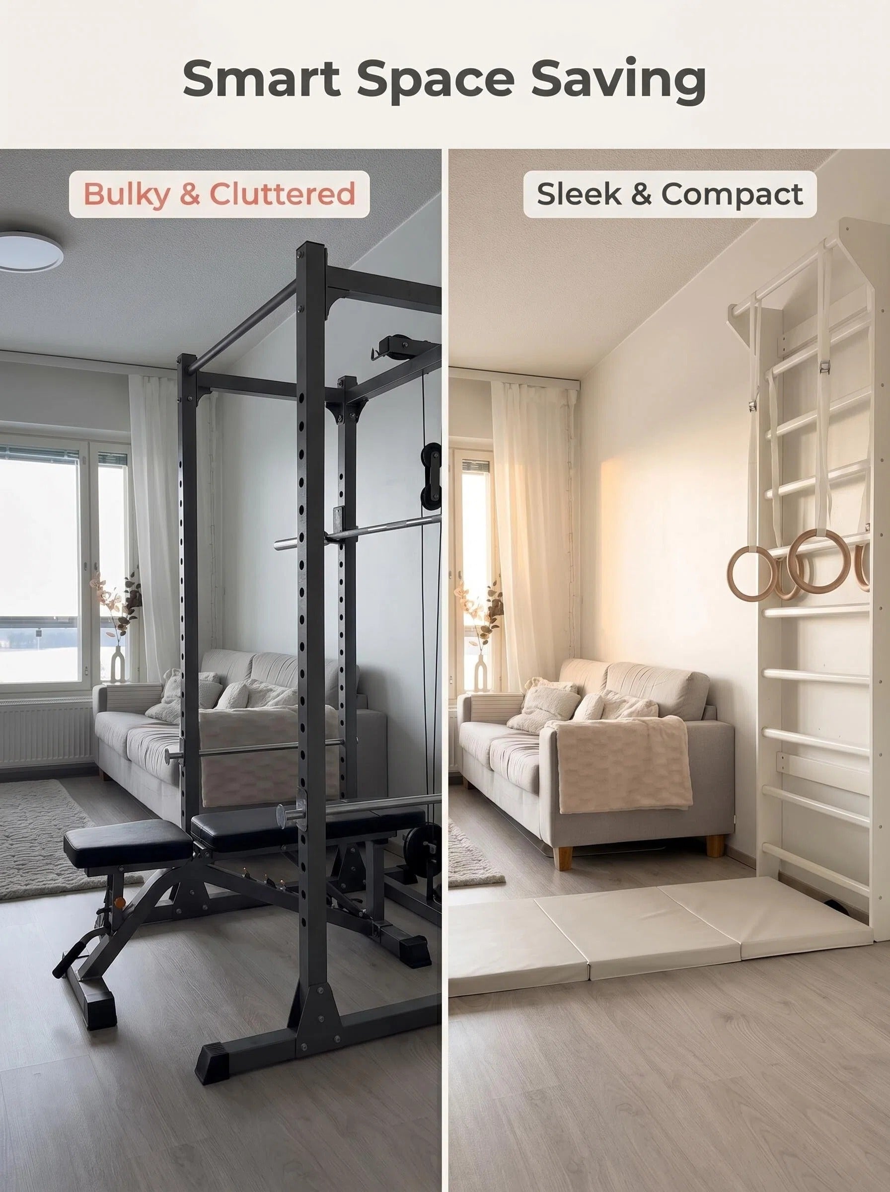 Wall-Mounted Swedish Stall Bar Home Gym with Dip Attachments & Padded Safety Floor Mats