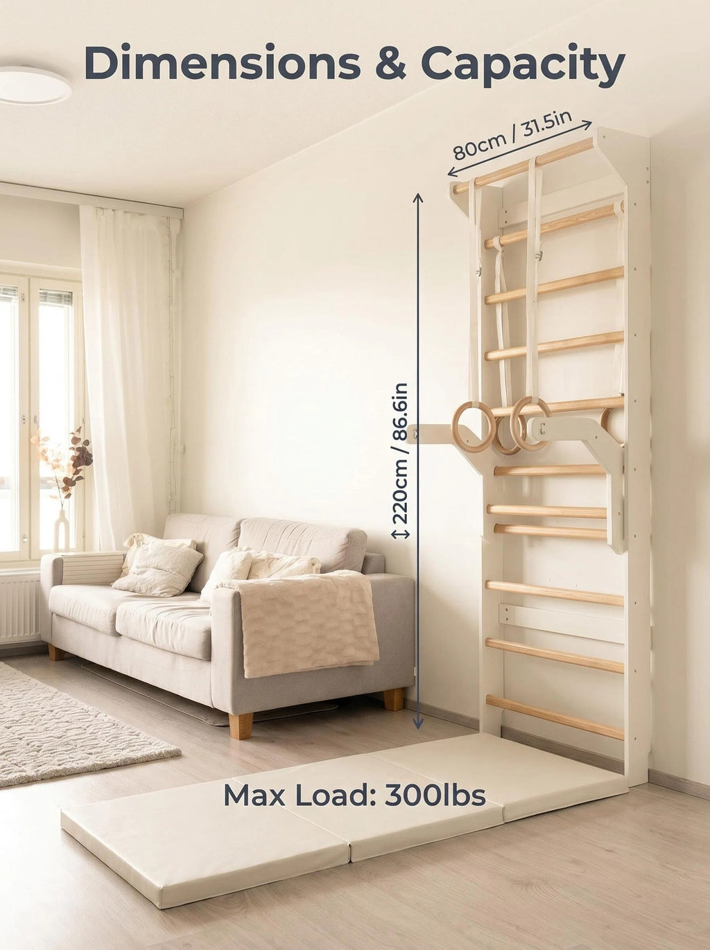 Wall-Mounted Swedish Stall Bar Home Gym with Dip Attachments & Padded Safety Floor Mats