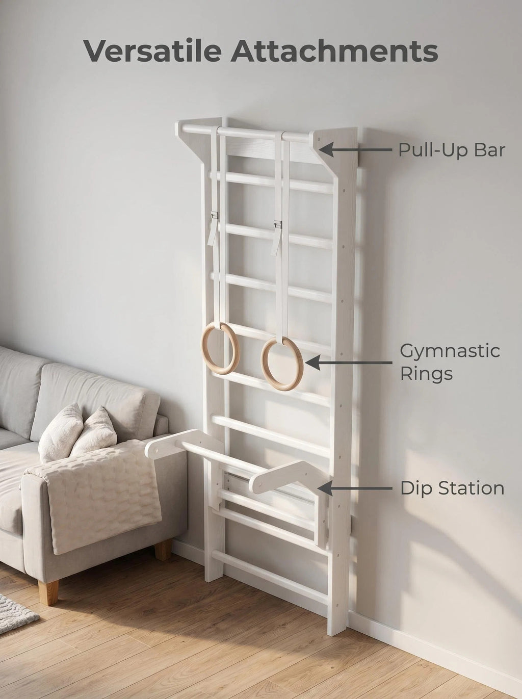 Wall-Mounted Swedish Stall Bar Home Gym with Dip Attachments & Padded Safety Floor Mats