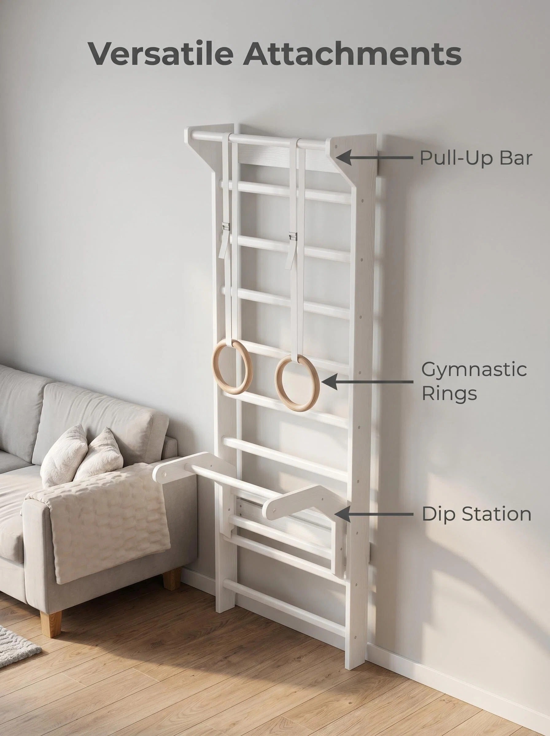 Wall-Mounted Swedish Stall Bar Home Gym with Dip Attachments & Padded Safety Floor Mats